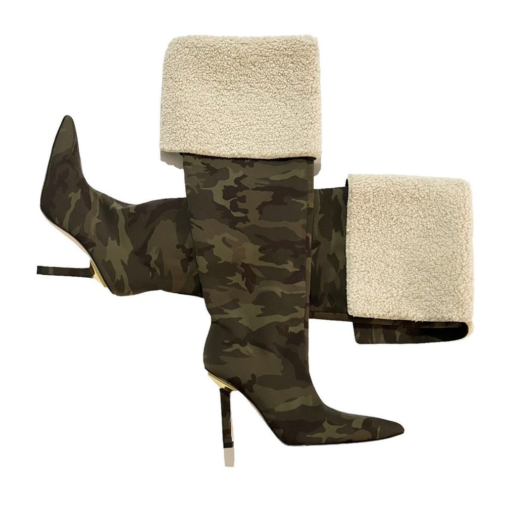 Good American Kickstand Over The Knee Boots Sz 6 Camo Neoprene Sherpa Pointy Toe